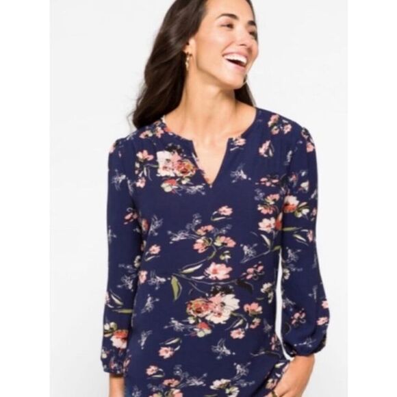 Fun2Fun Navy Floral Split Neck Kenmore Pullover Blouse‎ Size XS (N2) - Picture 1 of 9